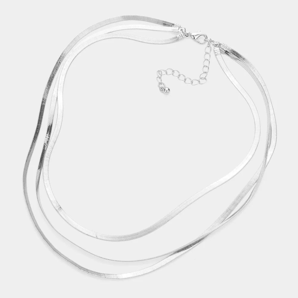 Silver Triple Layered Bib Herringbone Necklace Chain Snake Simple Chic Metal - Picture 2 of 2